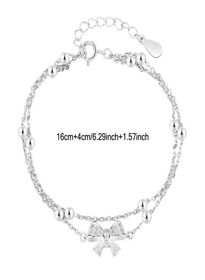 Kawailay Bow Charm Link Bracelet Multilayered Bow Tie Charm Bracelet Crystal Bow Bracelet Bangle for Women - Silver - Image 2